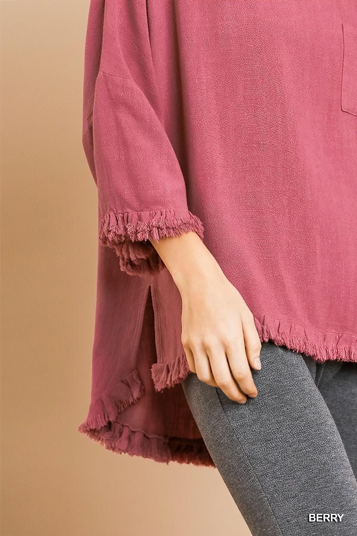 Frayed Hem Top with Long Bell Sleeves and Chest Pocket by Umgee Clothing