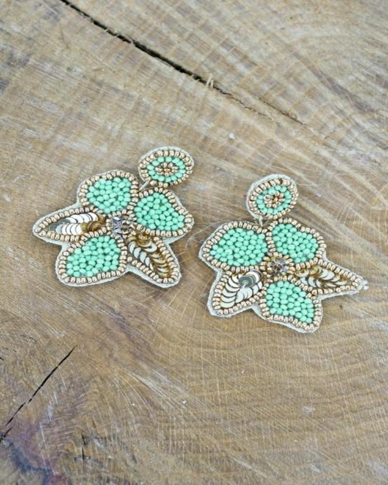 Gold Trimmed Mint Seed Bead And Sequin Flower Earrings