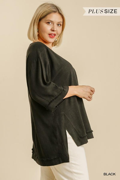 Hi-Low Frayed Hem Long Sleeve Tunic Top in Plus Size by Umgee Clothing