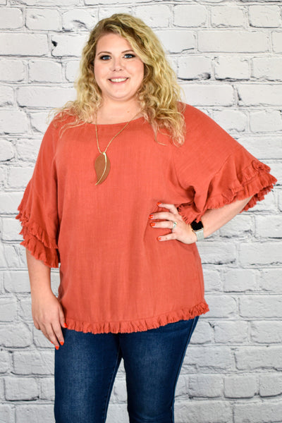 Hi-Low Frayed Hem Long Sleeve Tunic Top in Plus Size by Umgee Clothing