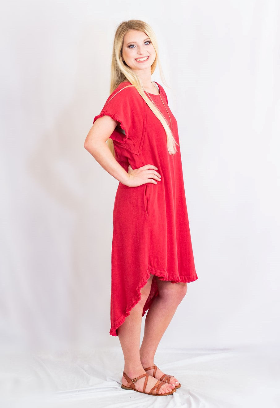 Umgee Clothing High-Low Fringe Hem Linen Dress With Pockets M / Oatmeal Umgee Clothing High-Low Fringe Hem Linen Dress With Pockets M / Oatmeal
