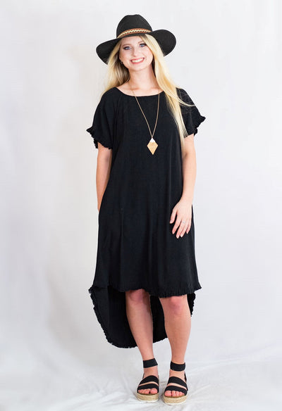 High-Low Fringe Hem Linen Dress with Pockets by Umgee Clothing