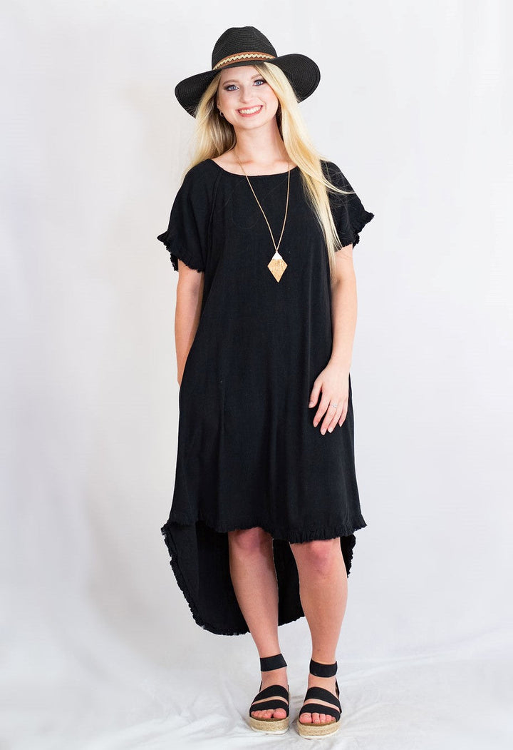 Umgee Clothing High-Low Fringe Hem Linen Dress With Pockets M / Oatmeal