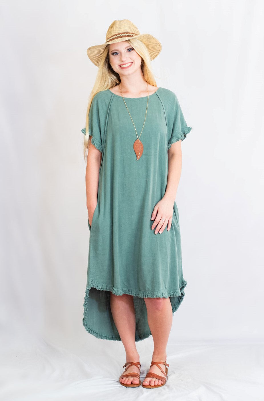 Umgee Clothing High-Low Fringe Hem Linen Dress With Pockets S / Lagoon