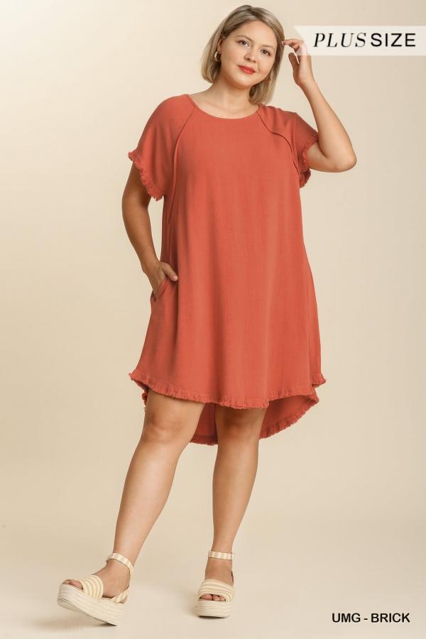 High-Low Fringe Hem Linen Dress with Pockets in Plus Size by Umgee Clothing