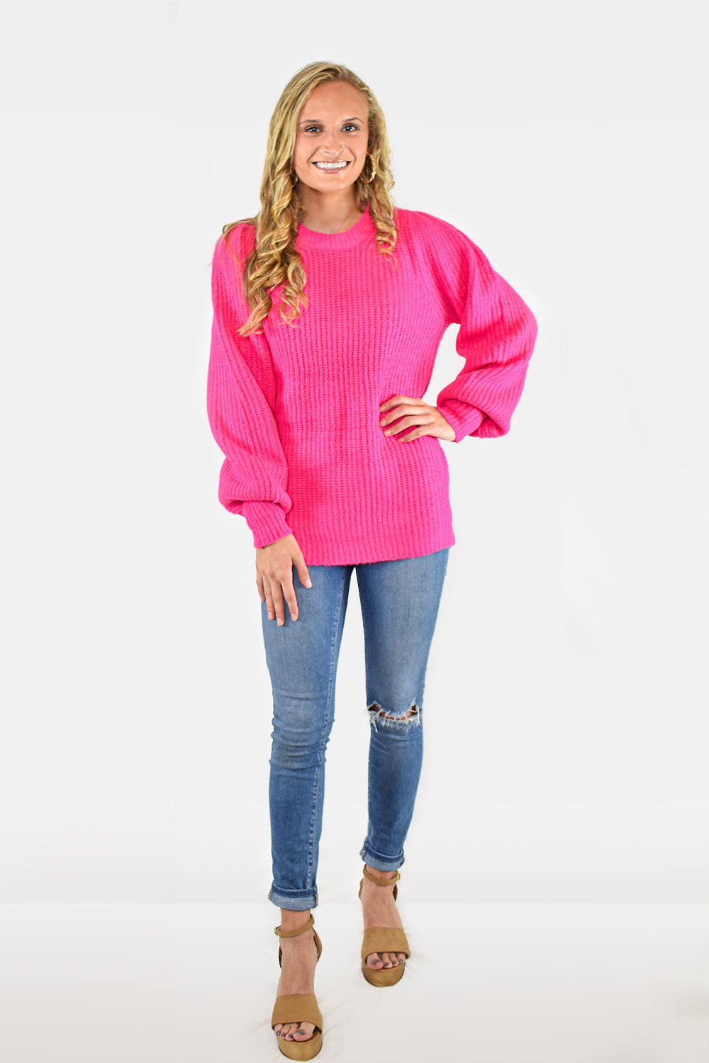 Hot Pink Thick Knit Balloon Sleeve Pullover Sweater by Jodifl Clothing