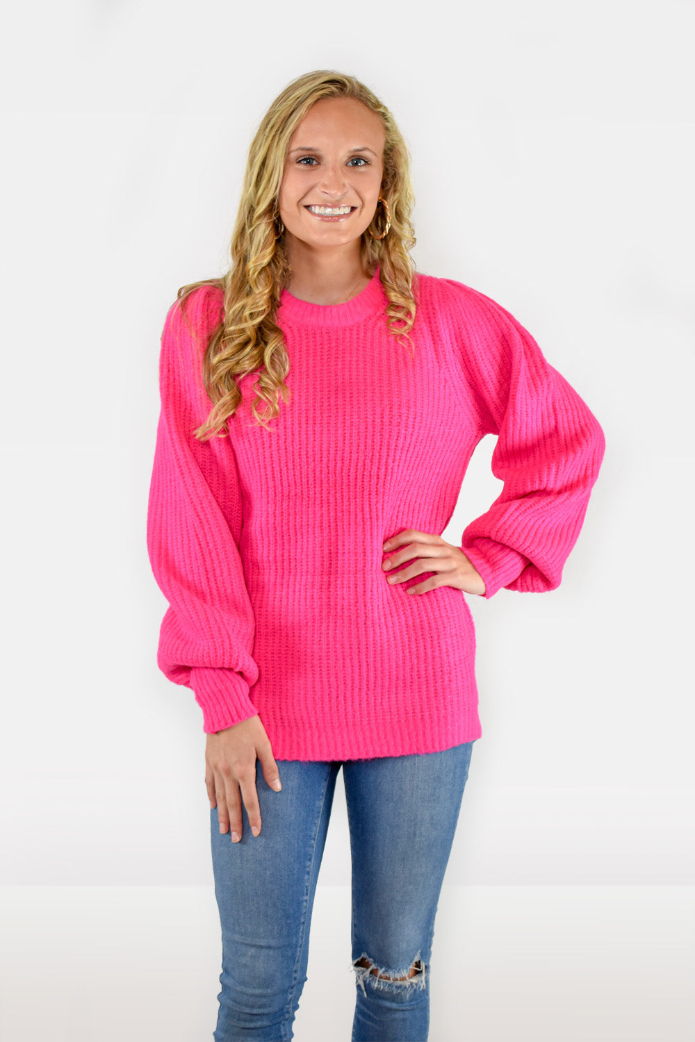 Hot Pink Thick Knit Balloon Sleeve Pullover Sweater by Jodifl Clothing