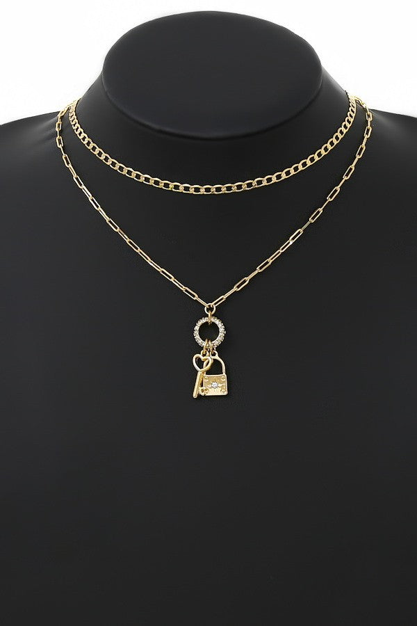 Key And Lock Pendant Layered Chain Necklace
