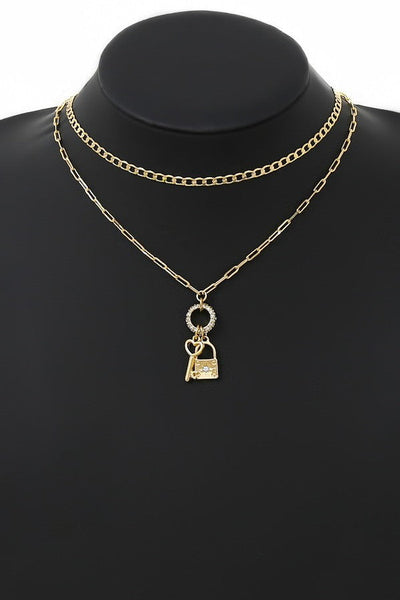Key And Lock Pendant Layered Chain Necklace