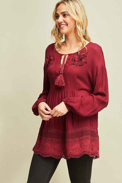 Lace Tunic Top With Tassel Ties by Entro
