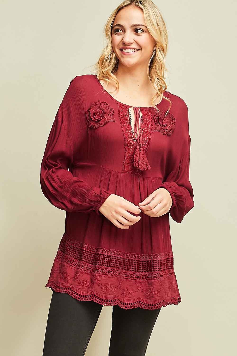 Lace Tunic Top With Tassel Ties by Entro