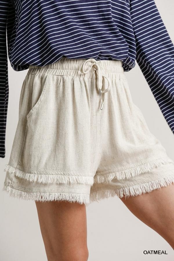 Layered Fringe Hem Linen Shorts by Umgee Clothing