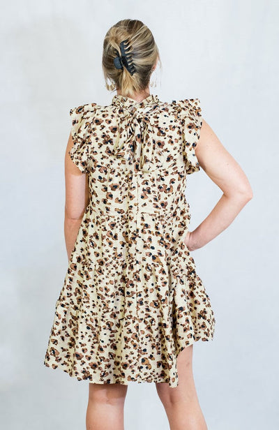 Leopard Print Mock Neck Ruffle Sleeve Tiered Dress by Entro Clothing