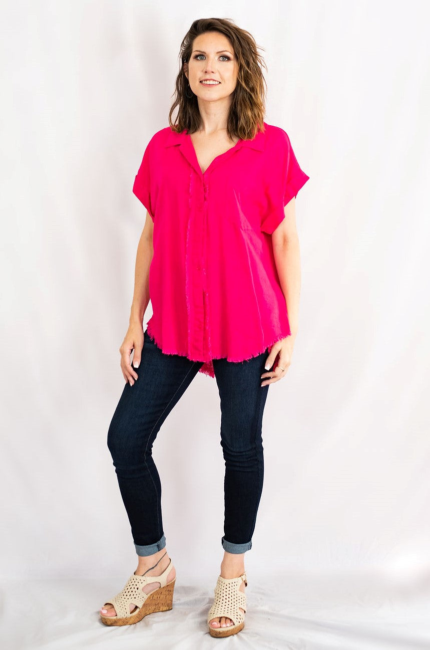 Linen Blend Collared Button Down Tunic Top with Fringe Detail by Umgee Clothing