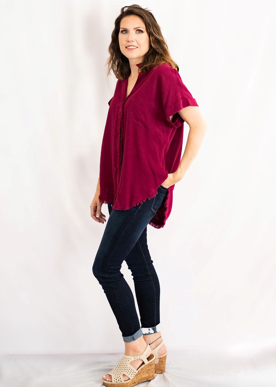 Linen Blend Collared Button Down Tunic Top with Fringe Detail by Umgee Clothing