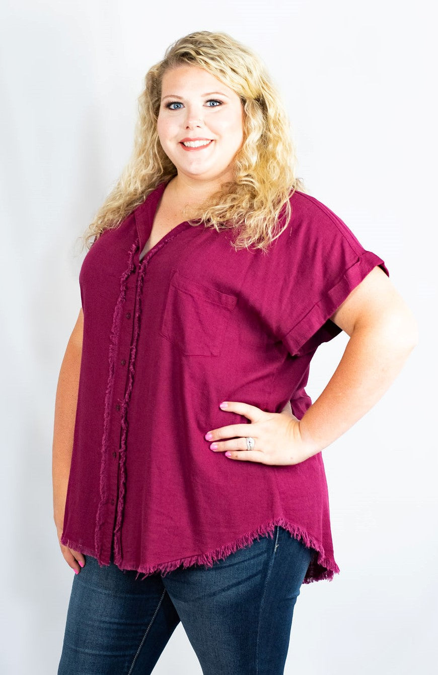 Umgee Plus Size Linen Collared Button Down Tunic Top with Fringe