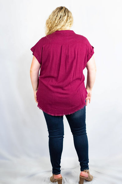 Linen Blend Collared Button Down Tunic Top with Fringe Detail in Plus Size by Umgee Clothing