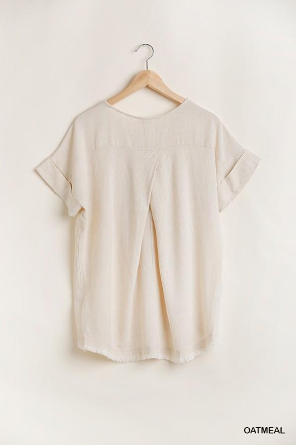 Linen Blend Fringe Hem Pocket Tee with Cuffed Sleeves by Umgee Clothing