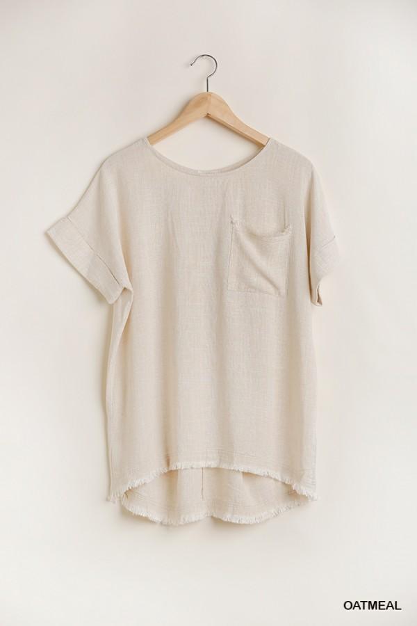 Linen Blend Fringe Hem Pocket Tee with Cuffed Sleeves by Umgee Clothing