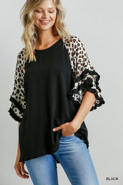 Linen Tunic Top with Animal Print Layered Bell Sleeves by Umgee Clothing