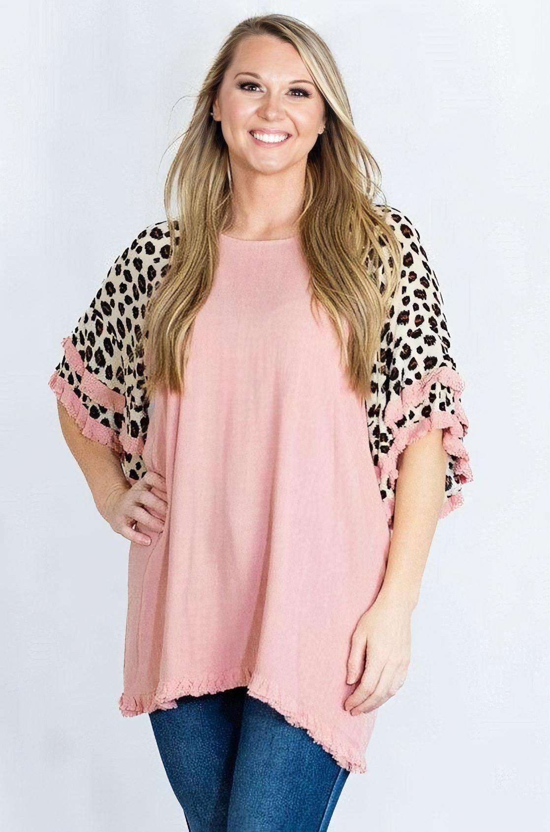 Linen Tunic Top with Animal Print Layered Bell Sleeves by Umgee Clothing