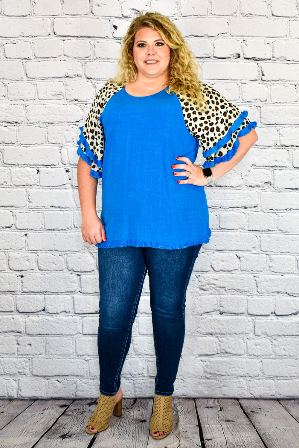 Linen Tunic Top with Animal Print Layered Bell Sleeves in Plus Size by Umgee Clothing