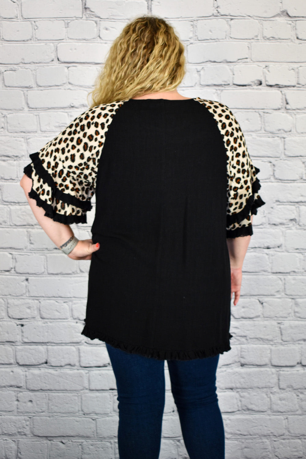 Linen Tunic Top with Animal Print Layered Bell Sleeves in Plus Size by Umgee Clothing