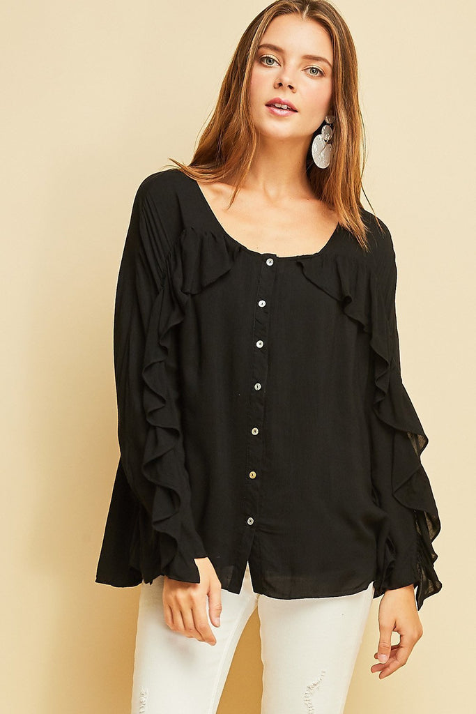 black ruffle button down shirt