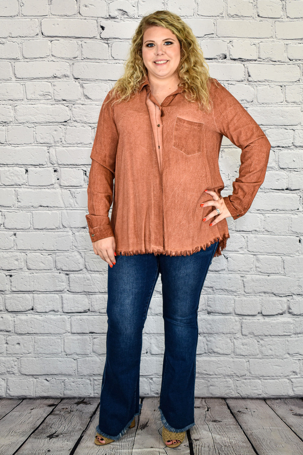 Mineral Washed Linen Button Down Shirt with Frayed Hem in Plus Size by Umgee Clothing