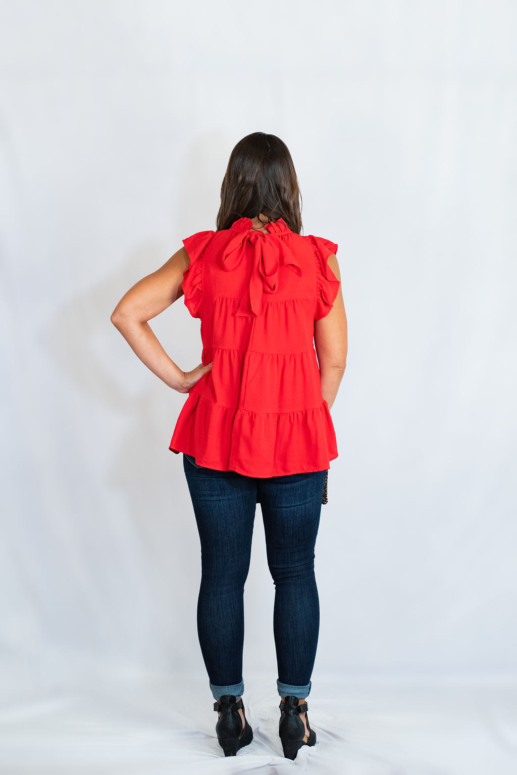 Mock Neck Ruffle Sleeve Tiered Tunic Top by Entro Clothing