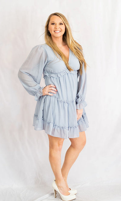 Open Back Crinkled Chiffon Long Sleeve Tiered Dress by She + Sky
