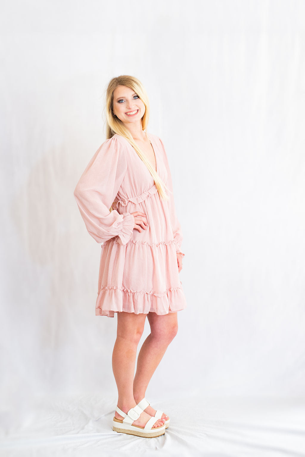 She + Sky Open Back Crinkled Chiffon Long Sleeve Tiered Dress M / Misty Blue