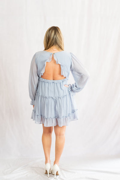 Open Back Crinkled Chiffon Long Sleeve Tiered Dress by She + Sky