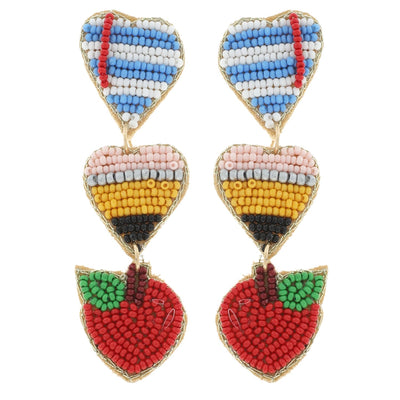 Paper, Pencil & Apple Tiered Seed Bead Teacher Earrings