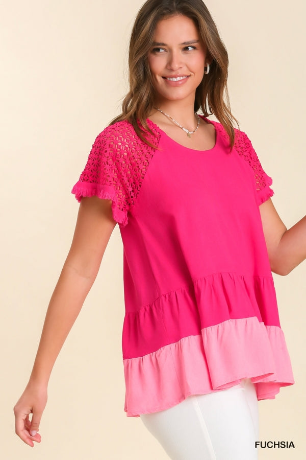 Pink Tiered Babydoll Tunic Top with Crochet Sleeves by Umgee Clothing
