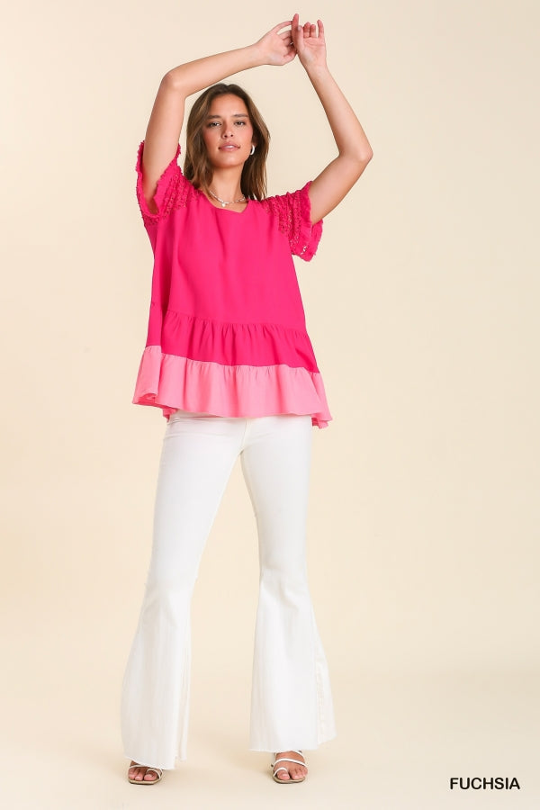 Pink Tiered Babydoll Tunic Top with Crochet Sleeves by Umgee Clothing