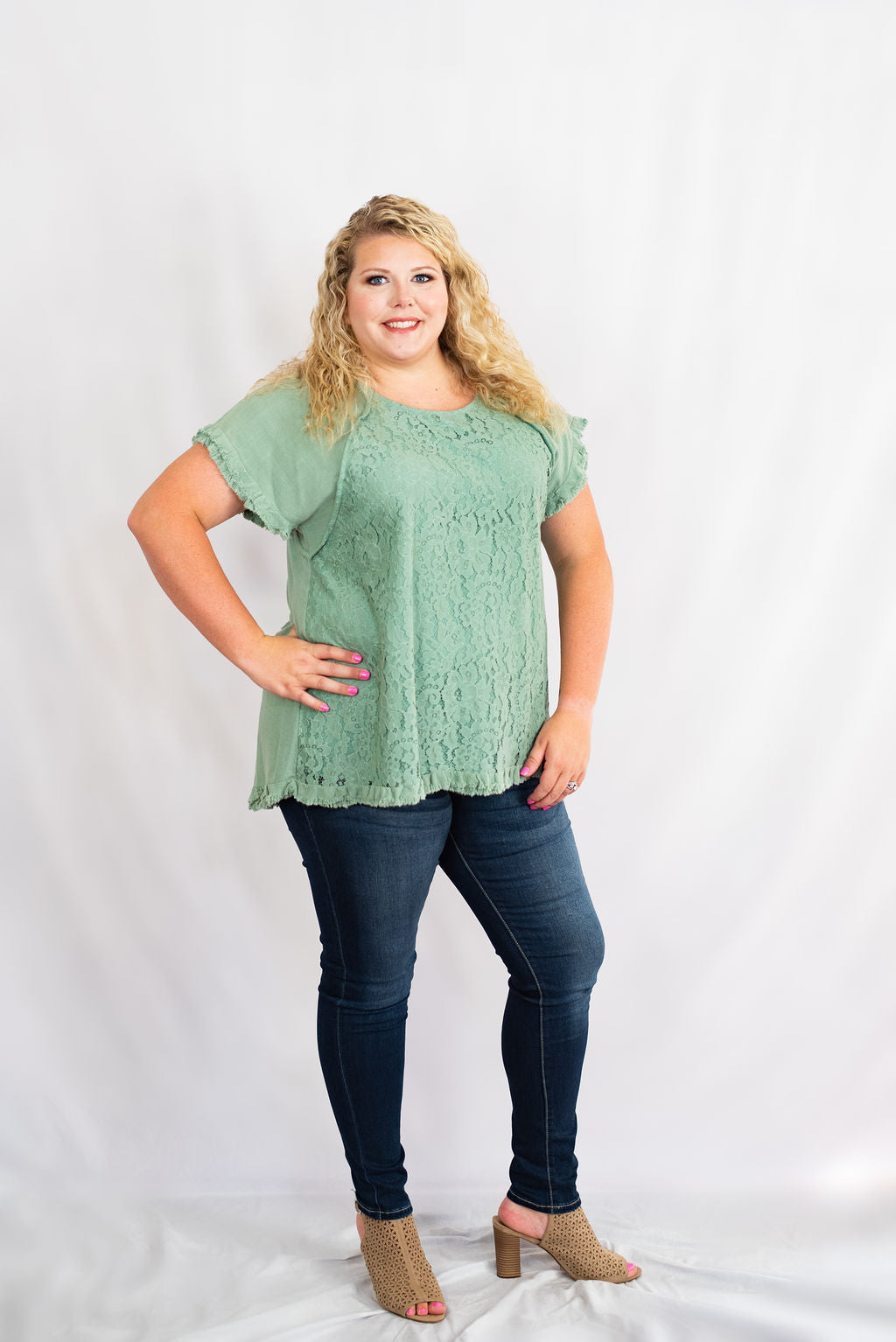 Pintuck High-Low Frayed Hem Linen Tunic Top Lace Detail Plus Size by Umgee Clothing