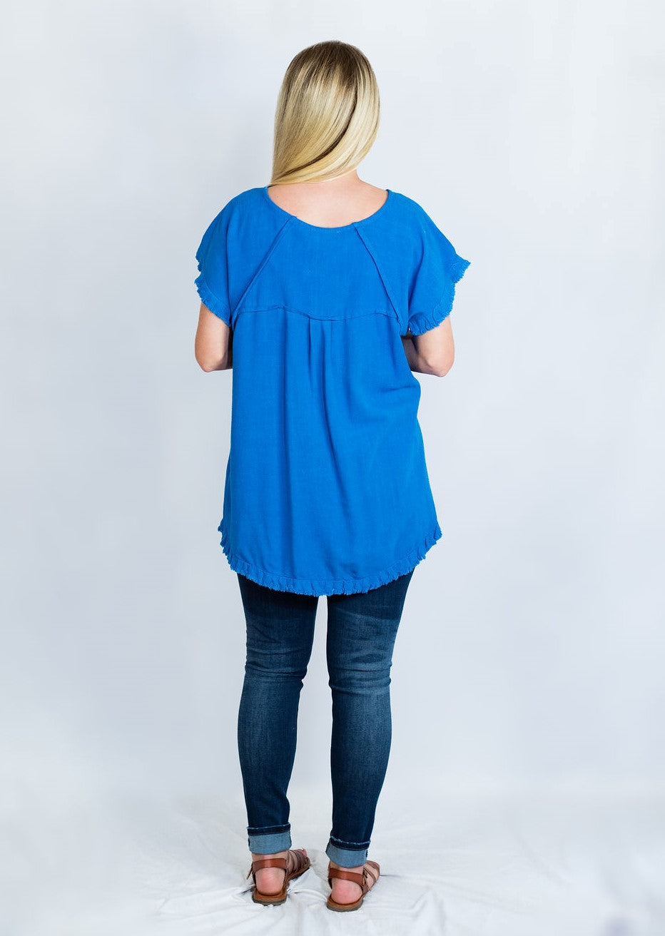 Pintuck High-Low Frayed Hem Linen Tunic Top by Umgee Clothing