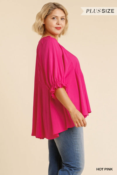 Pleated High Low Blouse with Elastic Ruffle Sleeves in Plus Size by Umgee Clothing