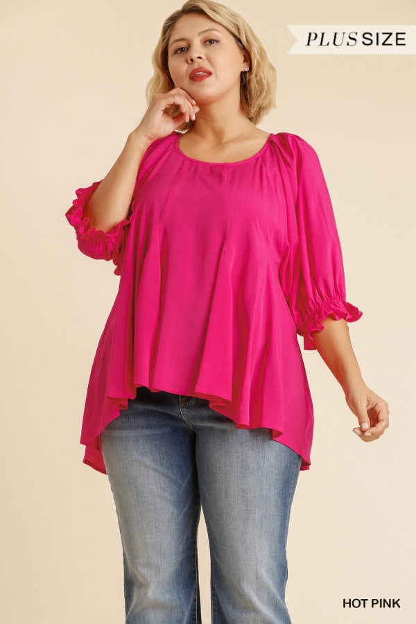 Pleated High Low Blouse with Elastic Ruffle Sleeves in Plus Size by Umgee Clothing