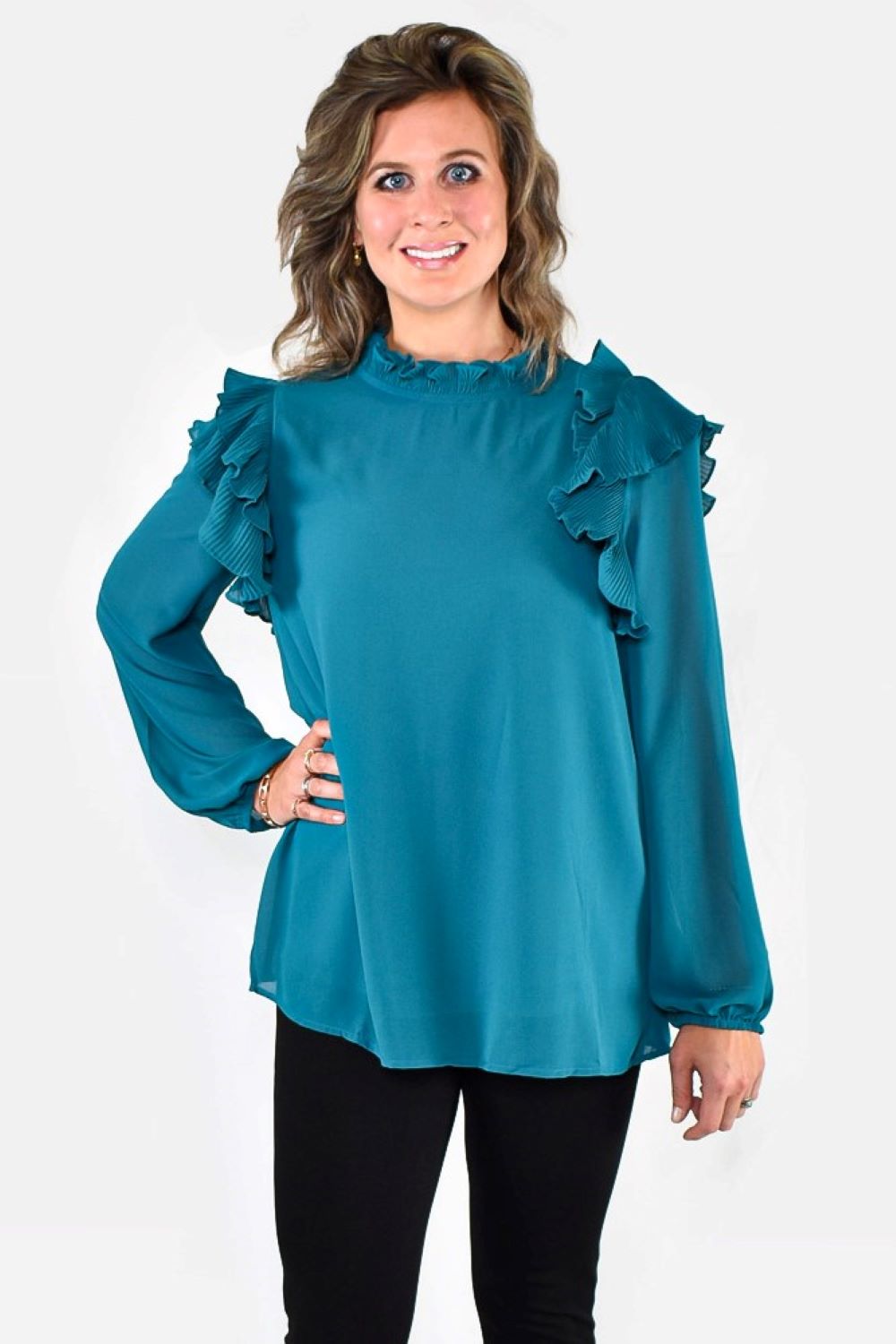 Pleated Ruffle Long Bubble Sleeve Blouse by Jodifl Clothing