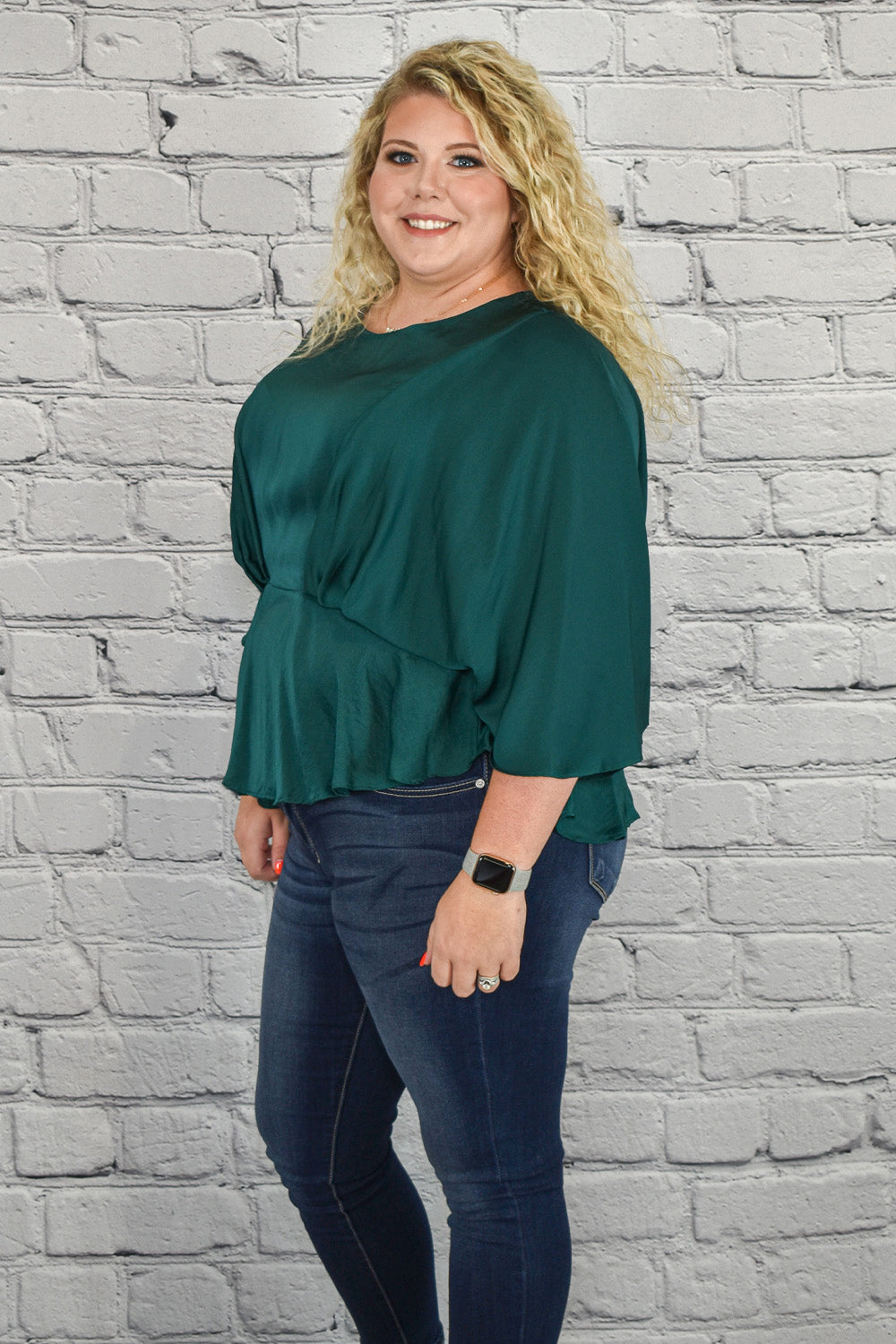 Umgee Plus Size Clothing Pleated Satin Peplum Top with Kimono