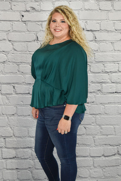Pleated Satin Peplum Top with Kimono Sleeves in Plus Size by Umgee Clothing