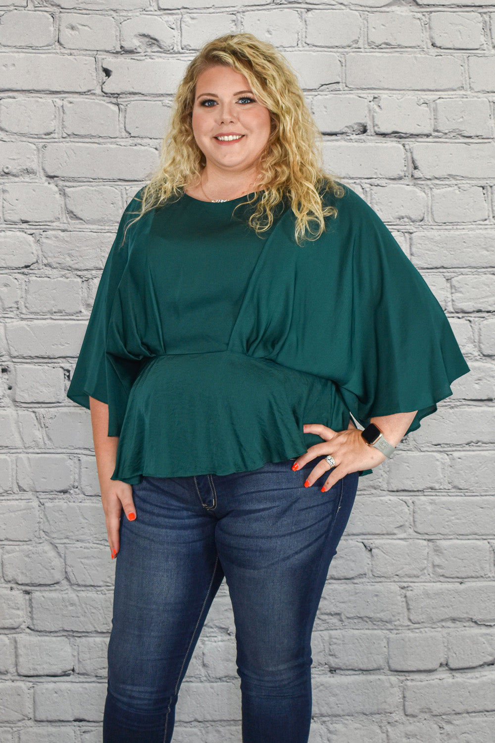 Pleated Satin Peplum Top with Kimono Sleeves in Plus Size by Umgee Clothing