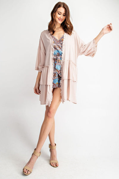 Quarter Sleeve Open Front Cardigan with Ruffle Trim by Easel Clothing