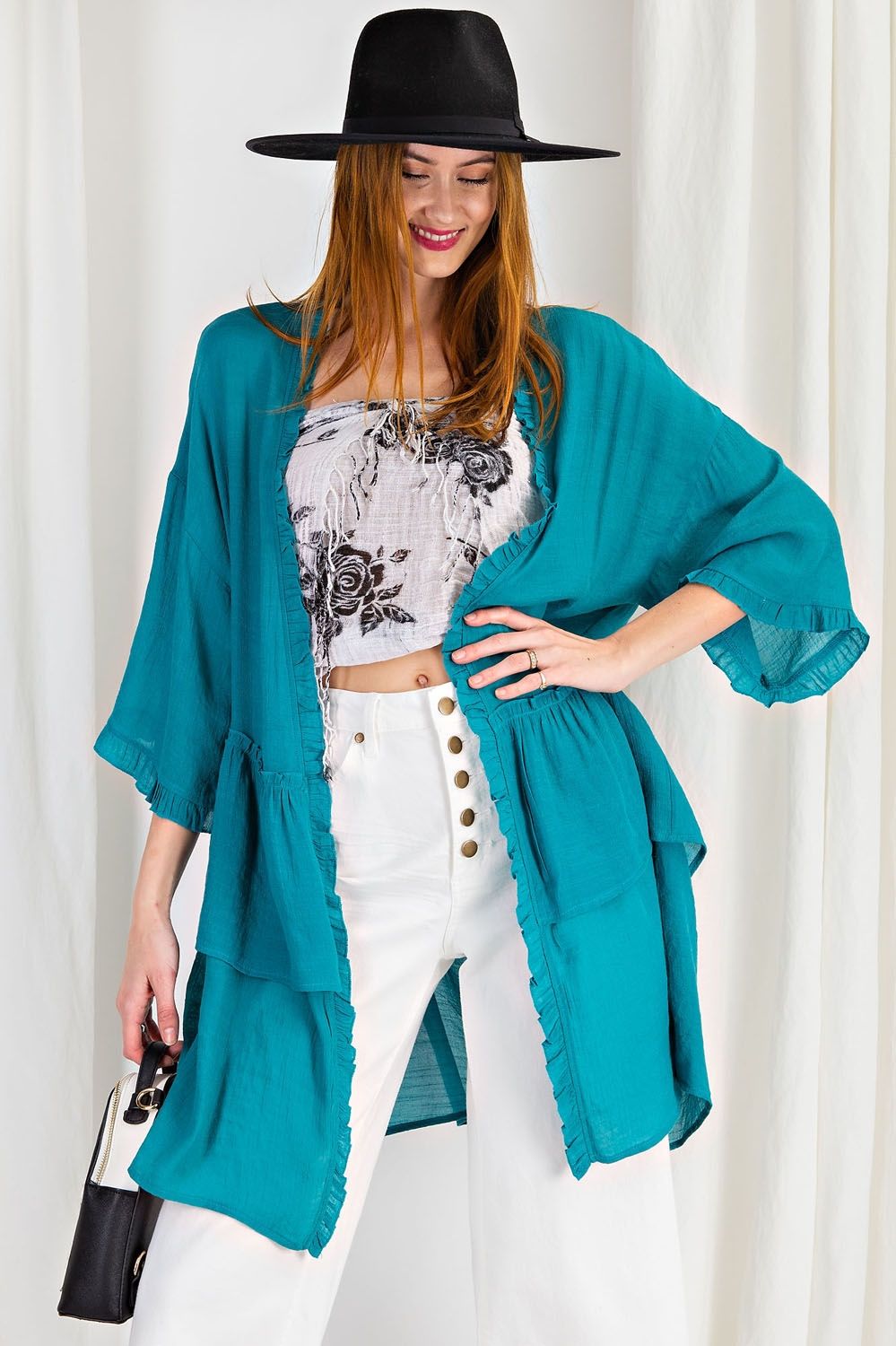 Quarter Sleeve Open Front Cardigan with Ruffle Trim by Easel Clothing
