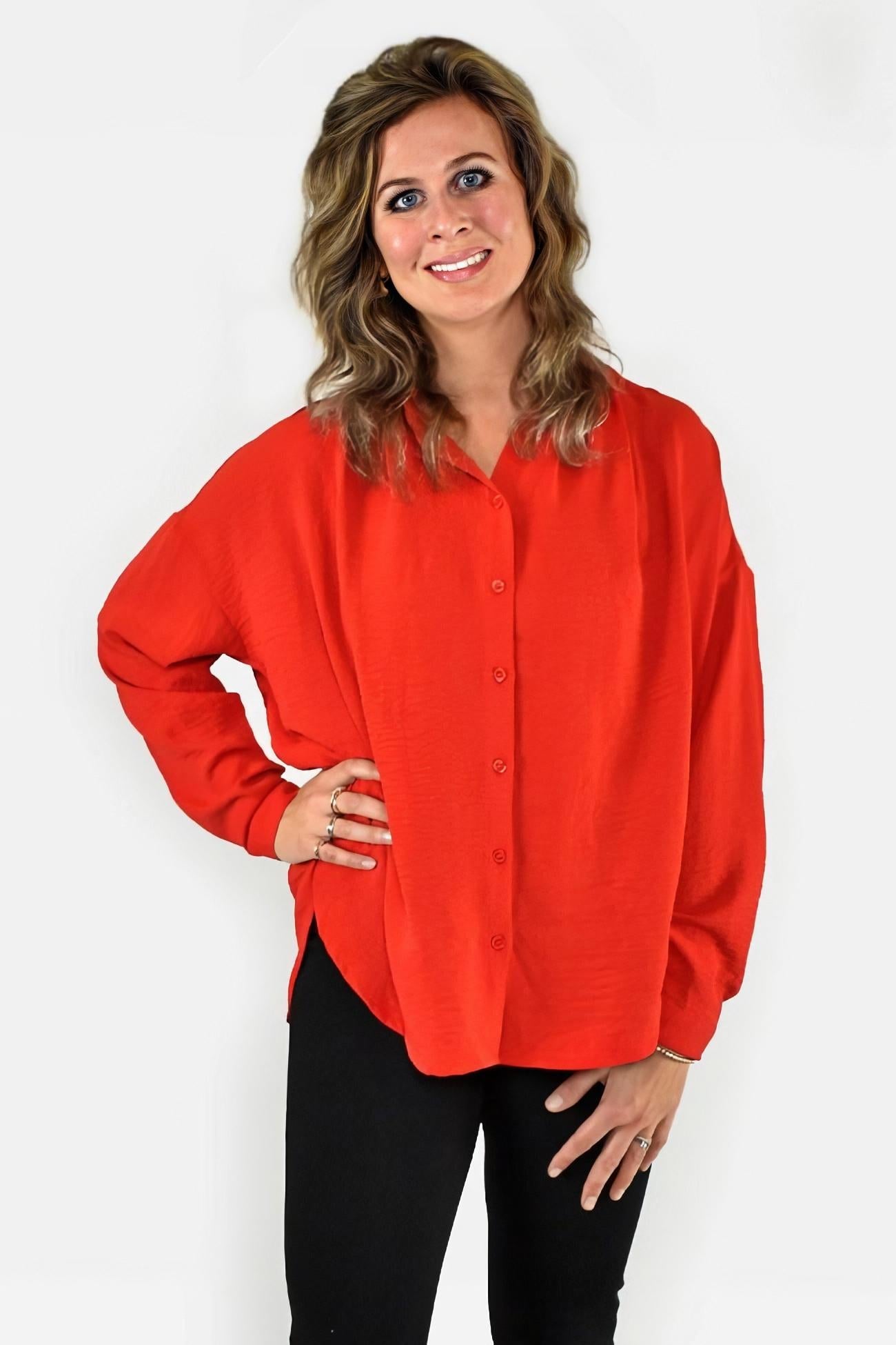 Red Button Up Long Sleeve Blouse by Jodifl Clothing