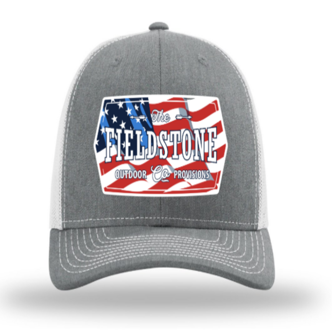 American Cotton Boll Flag Trucker Hat - Gray Heather With White Mesh, Adjustable Snapback, Georgia Pride