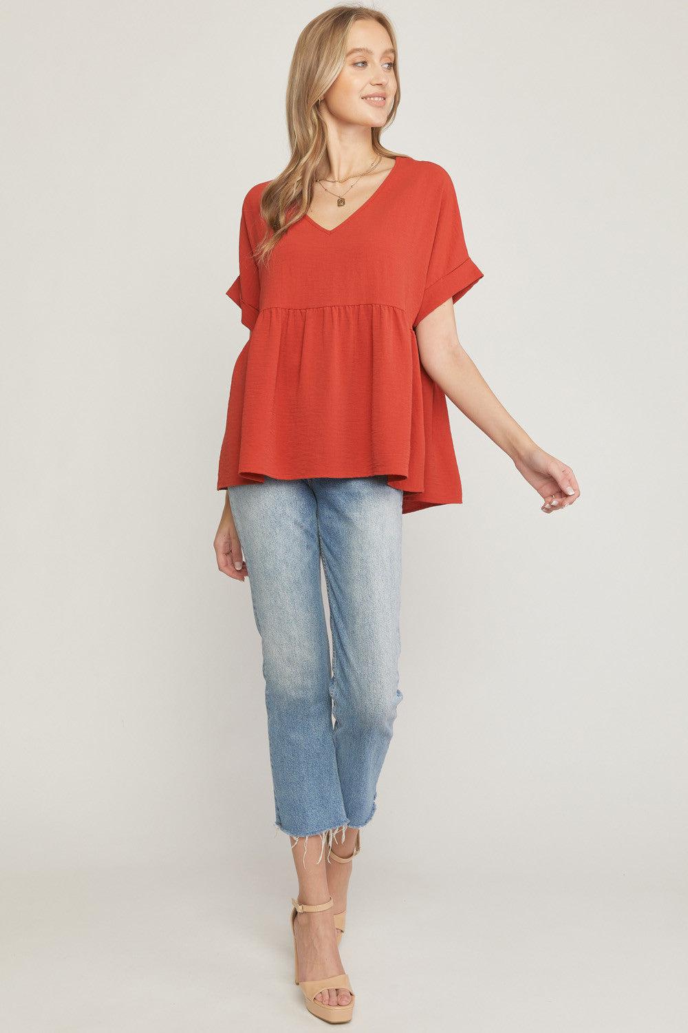 Rolled Sleeve V-Neck Babydoll Top by Entro Clothing