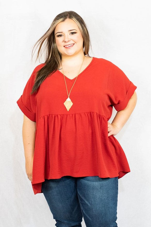 Rolled Sleeve V-Neck Babydoll Top in Plus Size by Entro Clothing